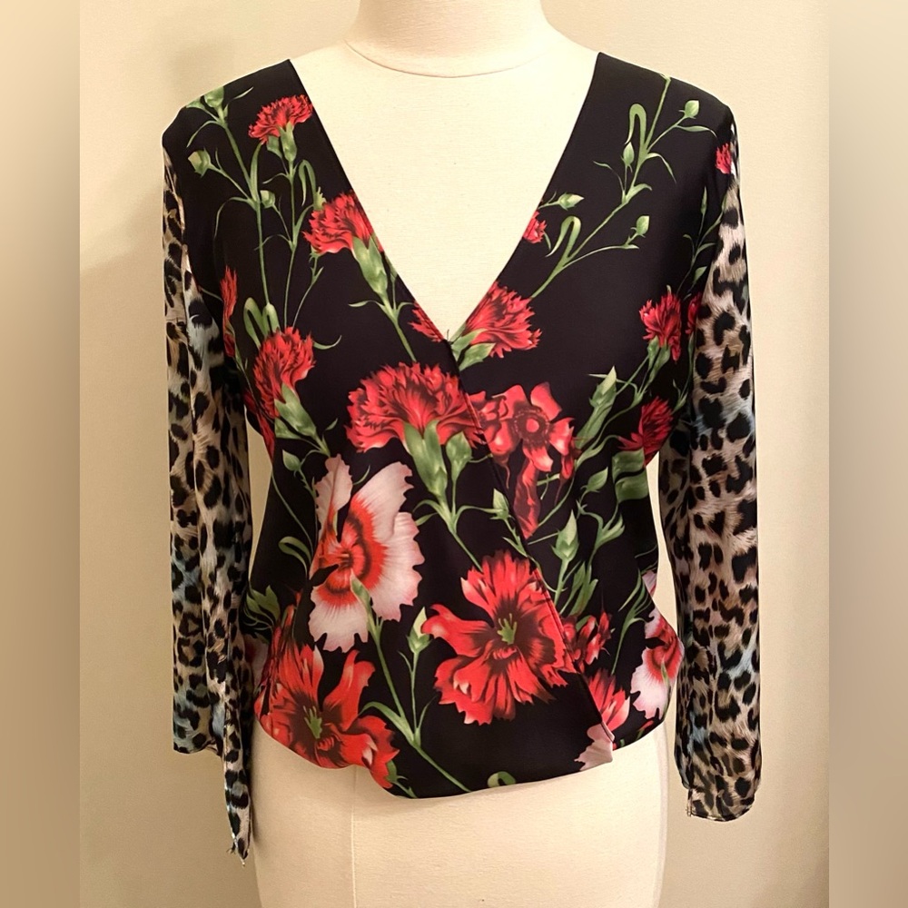 Aum Couture Black Red Dark Floral Animal Print S Edgy Romantic Boho Blouson Top